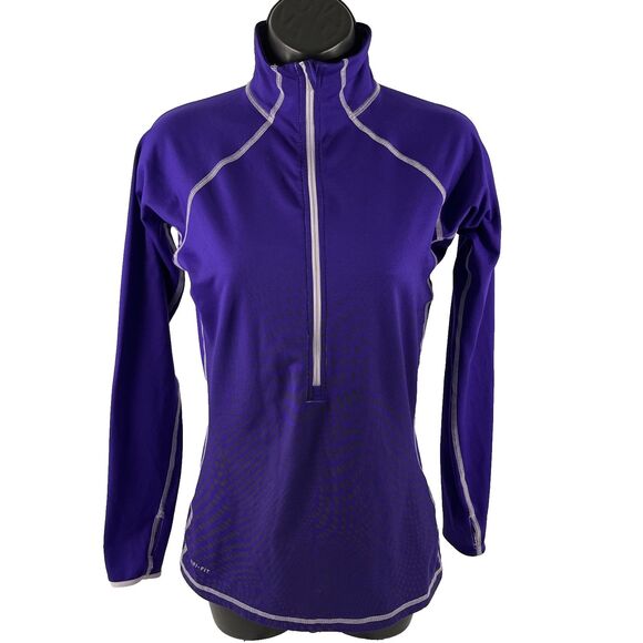 Women’s Nike Pro Dri-Fit 1/2 Zip Pullover LS Shirt Sz S Purple Geometric - Picture 1 of 9